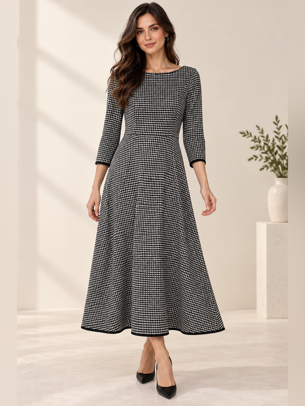 SHEIN Black & White Houndstooth Fit & Flare Ankle Length Dress Size S